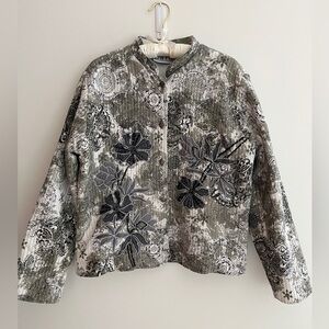 KEREN HART Quilted Jacket Mandarin Collar Applique Beading Detail Floral Cotton